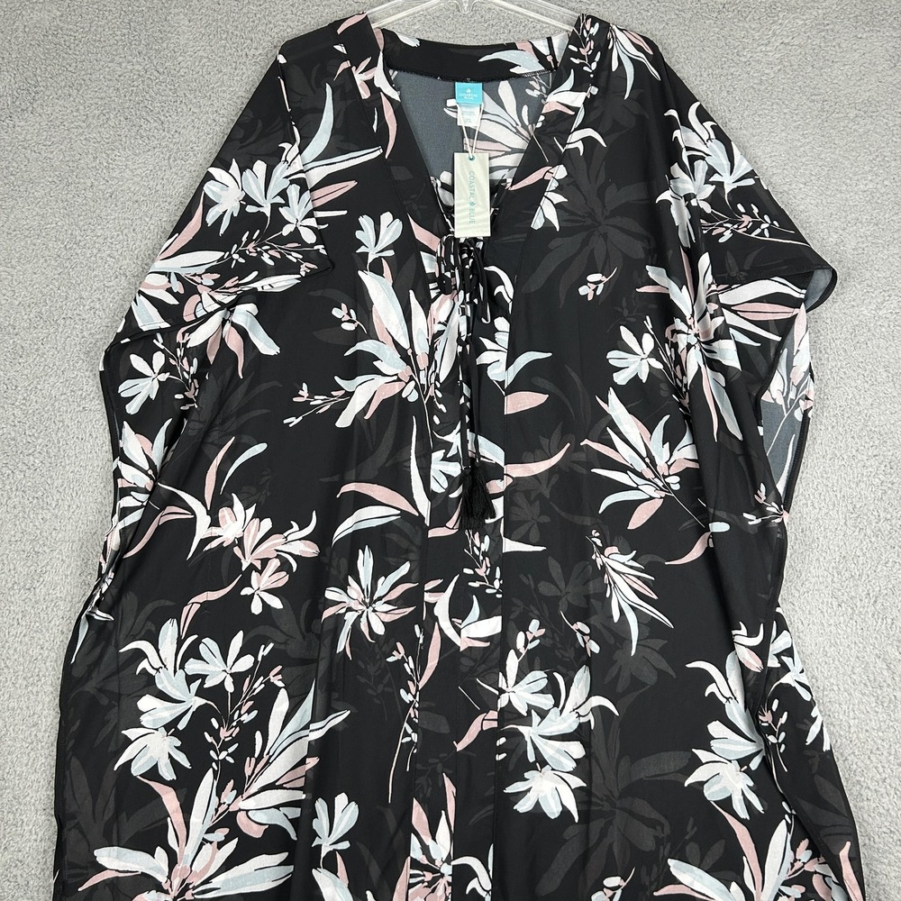 Coastal Blue Kaftan Swim Cover Up Womens Large Black Floral Sheer Tassel Cruise